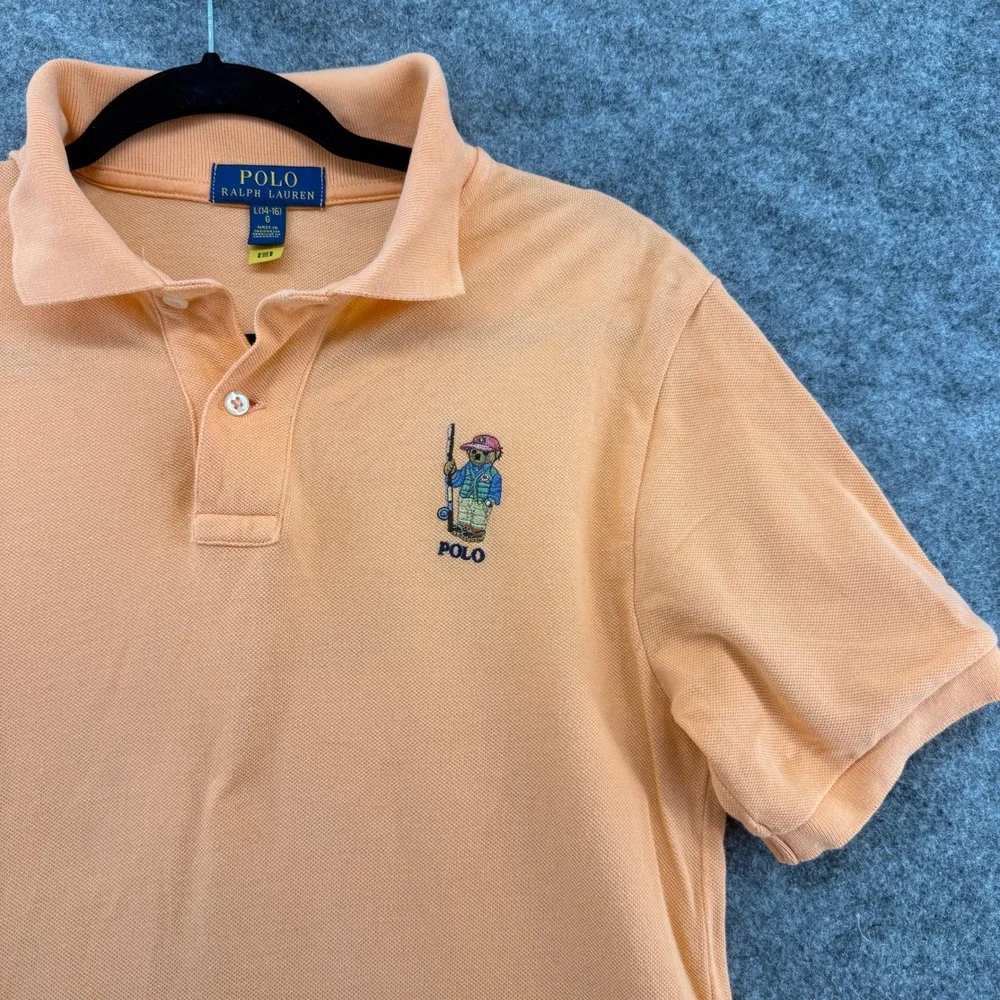 Polo Ralph Lauren Polo Shirt Boys L 14-16 Orange Polo Bear Fishing Embroidery